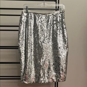 English Factory Silver Sequin Pencil Skirt
